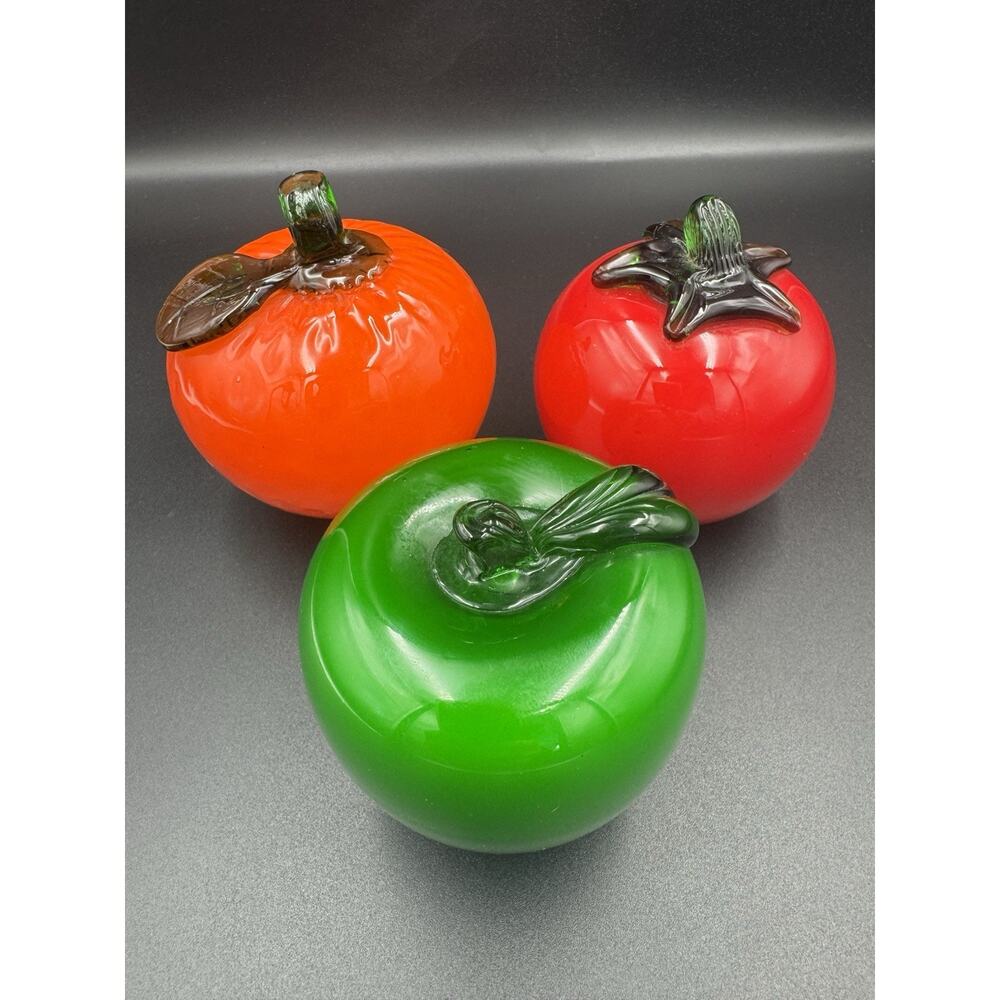 Vintage Hand Blown Art Glass 3-4” Fruit Set Orange Apple Tomato Murano Style
